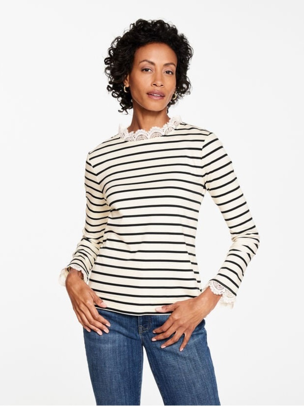 Talbots Lace Trim Crewneck Tee Ivory/Black Stripe XS MSRP $90 Preppy Nautical